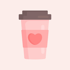 Delicious coffee pink paper cup icon with a heart, line icon. Drink vector illustration design
