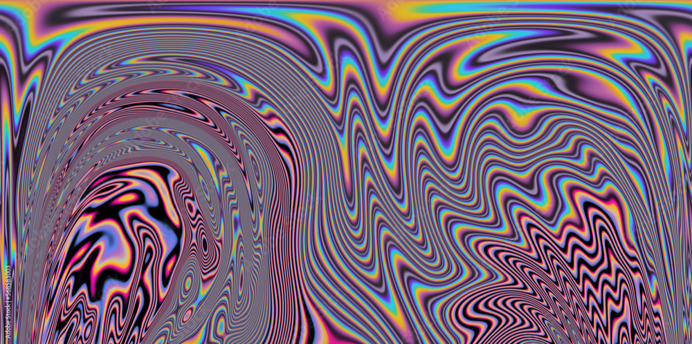 Poster op-art pattern with holographic gasoline like stains and leaks. rainbow multicolored abstract backgr