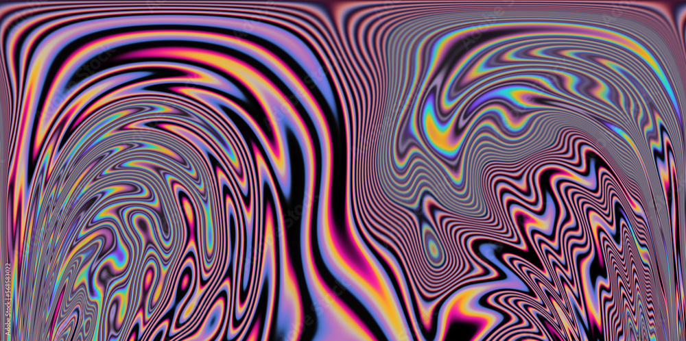 Poster op-art pattern with holographic gasoline like stains and leaks. rainbow multicolored abstract backgr