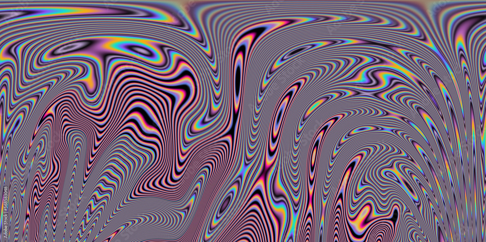 Poster op-art pattern with holographic gasoline like stains and leaks. rainbow multicolored abstract backgr