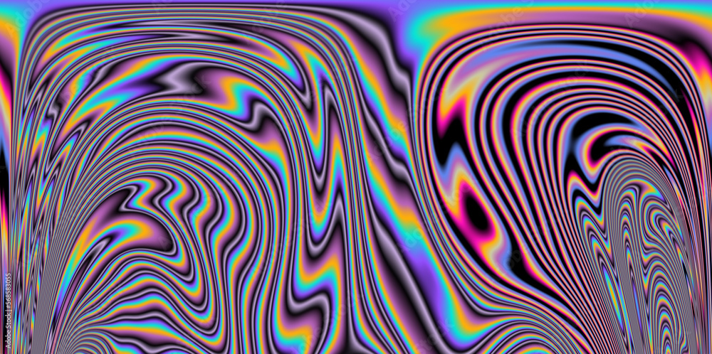 Poster op-art pattern with holographic gasoline like stains and leaks. rainbow multicolored abstract backgr