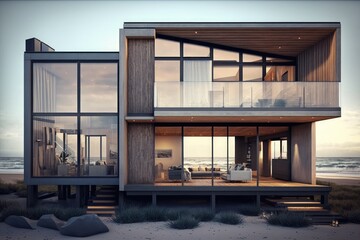 A contemporary exterior design of a house", "with clean lines, large windows, and an expansive deck with views of the ocean". generative ai