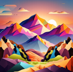 Fototapeta na wymiar Abstract geometric mountain landscape illustration with fall forest and retro color pallete. Generative AI.