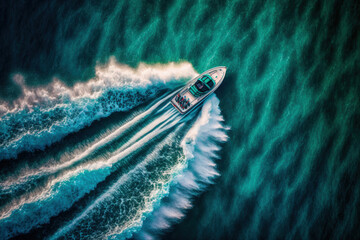 Speedboats travel more quickly from above the water. Swift water and speedboat waves. movement of speedboats on the sea. overhead image of a speedboat in deep blue ocean. Generative AI - obrazy, fototapety, plakaty