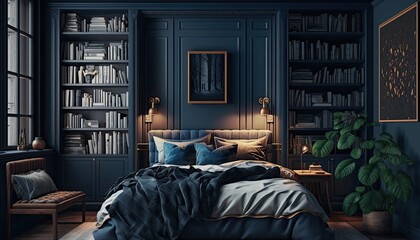 A cozy, dark blue bedroom with a plush king-size bed, a wooden nightstand, and a wall of built-in bookshelves. The mood is serene and intimate. generative ai