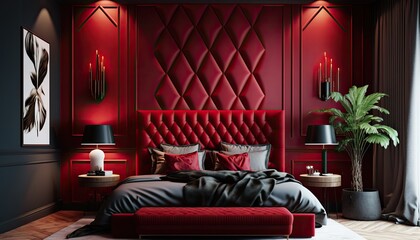 Bold red bedroom with accent wall, tufted bed and minimal decor. The mood is passionate and romantic. Style: 3D and realistic. generative ai