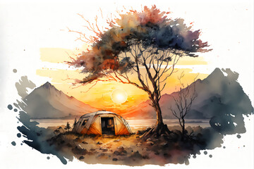 Generative AI drawing illustration with orange colors and a tent, freedom and travel concept
