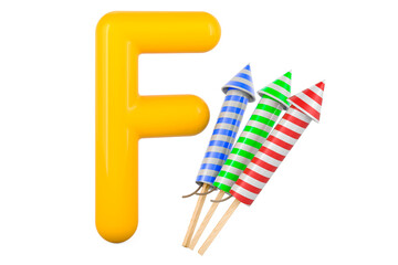 Kids ABC, Letter F with fireworks. 3D rendering