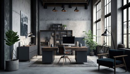Chic office in industrial style with concrete walls, metal accents and modern furniture. The mood is professional and focused. generative ai