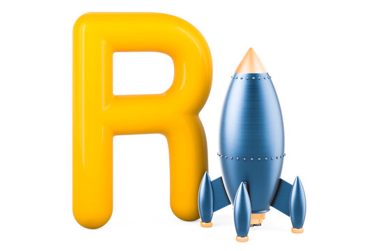 Kids ABC, Letter R with rocket. 3D rendering