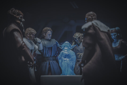 NEW YORK USA, FEB 8 2023: scene from Star Wars The Clone Wars with Jedi Generals Anakin Skywalker, Obi Wan Kenobi, Plo Koon, Kit Fisto, Mace Windu, Aayla Secura, Yoda - Hasbro action figure