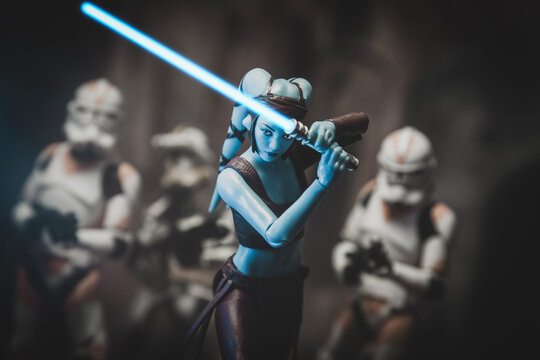 NEW YORK USA, FEB 8 2023: scene from Star Wars The Clone Wars Jedi General Twi'lek Aayla Secura and clone Commander Bly and the 327th Star Corps - Hasbro action figure