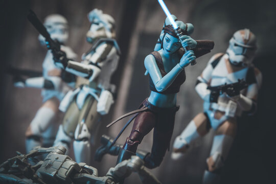 NEW YORK USA, FEB 8 2023: scene from Star Wars The Clone Wars Jedi General Twi'lek Aayla Secura and clone Commander Bly and the 327th Star Corps - Hasbro action figure