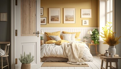 Cozy cottage-style bedroom with white bedding, natural wooden furniture and warm yellow accents. The mood is calming and peaceful. generative ai