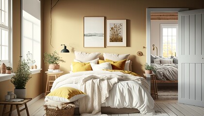 Cozy cottage-style bedroom with white bedding, natural wooden furniture and warm yellow accents. The mood is calming and peaceful. generative ai