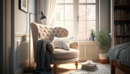 Cozy reading nook with plush armchair, natural light and a neutral color palette. The mood is calming and inviting. generative ai