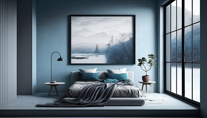 Minimalist bedroom in cool shades of blue and gray with a large window and a platform bed. The mood is calm and serene. generative ai