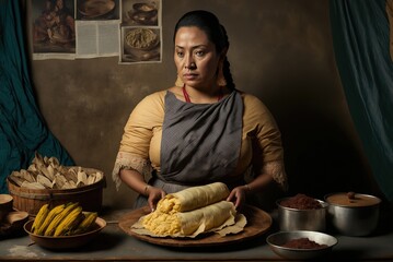 Fototapeta na wymiar A woman prepares the traditional Venezuelan hallacas, typical Latin cuisine. Ai generated