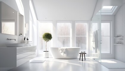 Modern all-white bathroom with sleek design, freestanding tub and rain, shower head. Sunbeams shining in from the window, highlighting the clean lines. Generative AI - obrazy, fototapety, plakaty