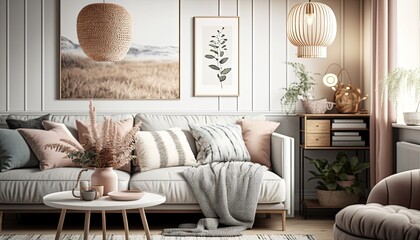 Modern living room in scandi-boho style with light pastel colors, natural textures and a neutral sofa. The mood is airy and relaxed. generative ai