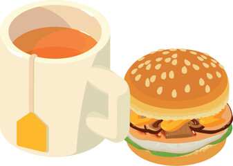 Breakfast icon isometric vector. Tea cup and hamburger with meat and mushroom. Fast food, unhealthy nutrition