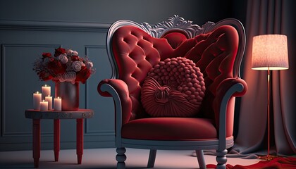 Romantic valentine's day interior with plush red armchair and festive decor. The mood is intimate and loving. Style: Macro photography. generative ai