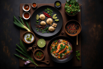 Illustration of various typical healthy and tasty Asian food dishes, studio lighting, viewed from above. Ai generated