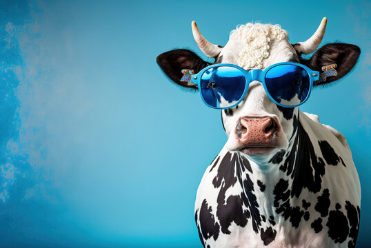A cow wearing sunglasses and laughing, on sky blue background, studio shot. Ai generated