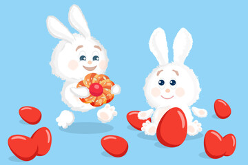 Happy little bunny brings Easter sweet bread (tsoureki) to baby bunny with red eggs. Easter vector illusrtation on a blue background.