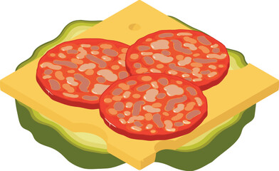 Burger ingredient icon isometric vector. Sausage slice, cheese and salty cucumber. Food concept, unhealthy nutrition