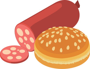 Burger ingredient icon isometric vector. Sesame burger bun near sausage stick. Fast food, unhealthy nutrition
