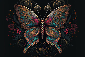 Fototapeta na wymiar Butterfly in boho style on black background. Created with Generative AI technology