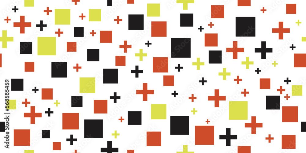Poster Scattered across the canvas are red, yellow and black squares with crosses. For print and various interior. For cups, pillows, textiles, design, notebooks.