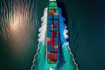 View from above of a container cargo ship moving across a calm, blue sea while heavily laden. Generative AI