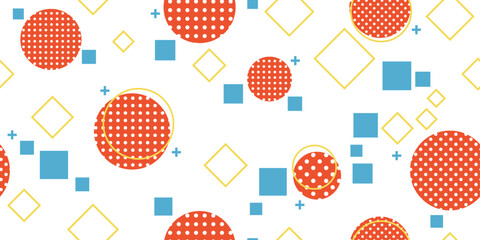 Red circles and blue squares, geometric seamless pattern. For print and various interior. For cups, pillows, textiles, design, notebooks.