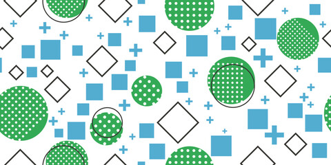 Green circles and blue squares, geometric seamless pattern. For print and various interior. For cups, pillows, textiles, design, notebooks.