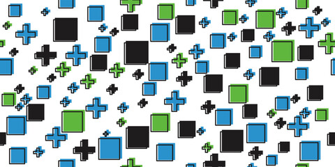 Green, blue, and black crosses and squares. For print and various interior. For cups, pillows, textiles, design, notebooks.