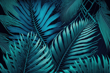 tropical leaf texture, blue toned abstract line background with stripes of large palm foliage. Generative AI