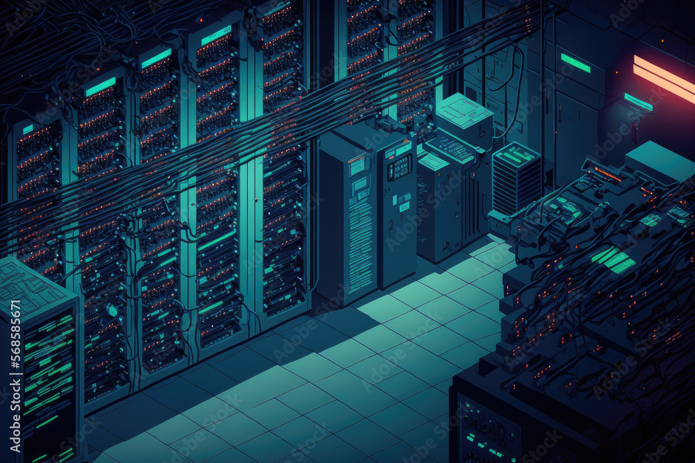 Poster panoramic view of a busy data center with rows of rack servers. computers are running and blue led l