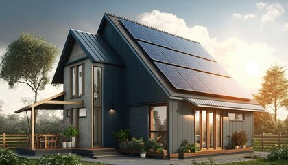 Fototapeta na wymiar Beautiful modern house exterior design. With solar panels on the roof. Conceptual illustration. Generative AI.