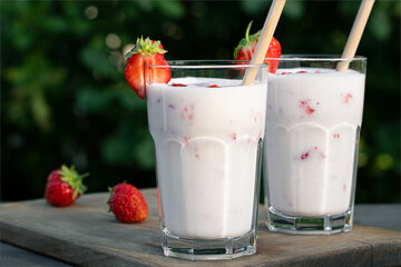 Strawberry smoothie in two glass glasses and fresh strawberries on a wooden table in the yard