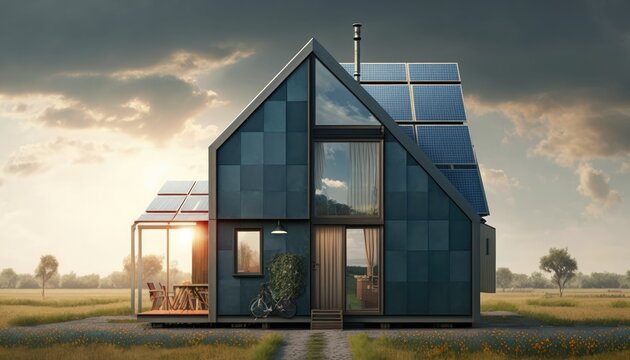 Concept art of a modern farm with solar panels on the roof on a big field. Beautiful design of a futuristic barn house with a garden illustration. Generative AI.