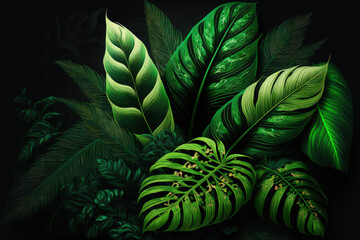 tropical leaf, abstract green background, dark texture, Spathiphyllum cannifolium leaves. Generative AI