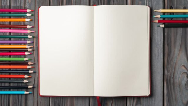Top view of open empty blank notebook on grey wooden table. Different colored pencils appearing adding up in row. Back to school, art, drawing, stationary, office supplies. Flat lay, stop motion.
