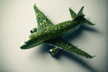 Naklejka premium passenger plane made of green leaves created with Generative AI technology