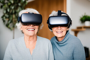 Elderly women using virtual reality headset in living room with family - obrazy, fototapety, plakaty