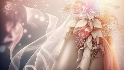 Fototapeta premium wedding dress with flowers. Romantic bridal bouquet. Dreamy pinks and creams. Lace satin silk veil. Abstract background wallpaper.