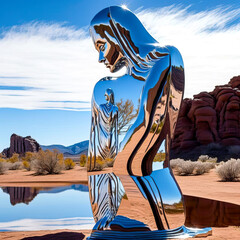 Chromskulptur in der Wüste, ki generated