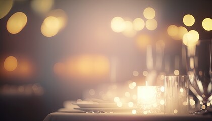 Romantic wedding reception table setting with candles and table cloth. Abstract unfocused detailed bokeh. Glowing candles holiday dinner background wallpaper.