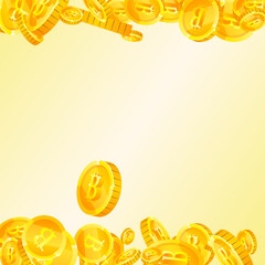 Bitcoin coins falling. Cryptocurrency scattered